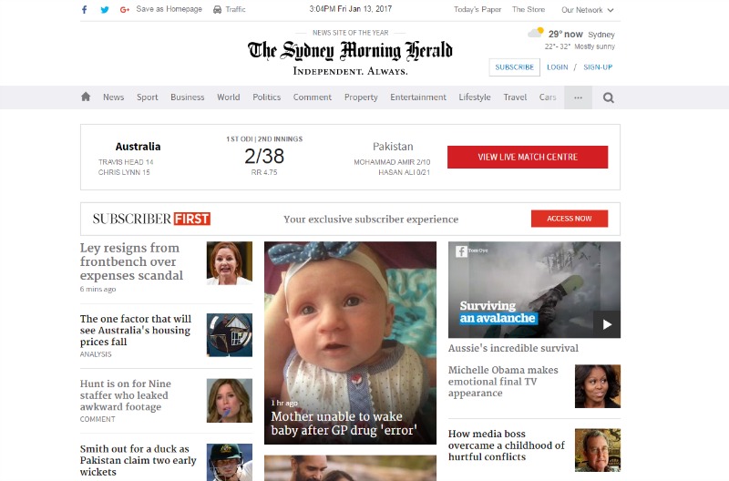 Sydney Morning Herald website with clear video player